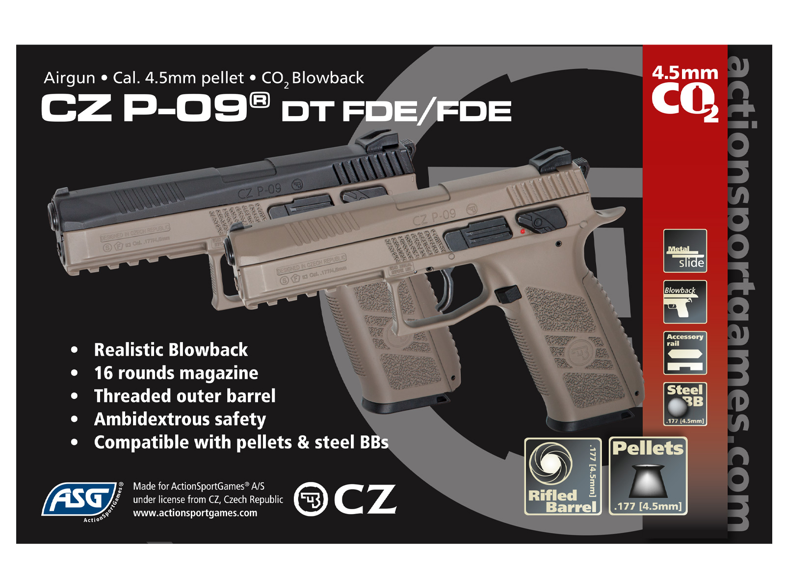 ASG CZ P-09 CO2 Pistol, Caliber 4,5mm - Tan OD-A-ASG262 asgbox.pl ASG CZ P-09 CO2 Pistol, Caliber 4,5mm - Tan - obrazek 3