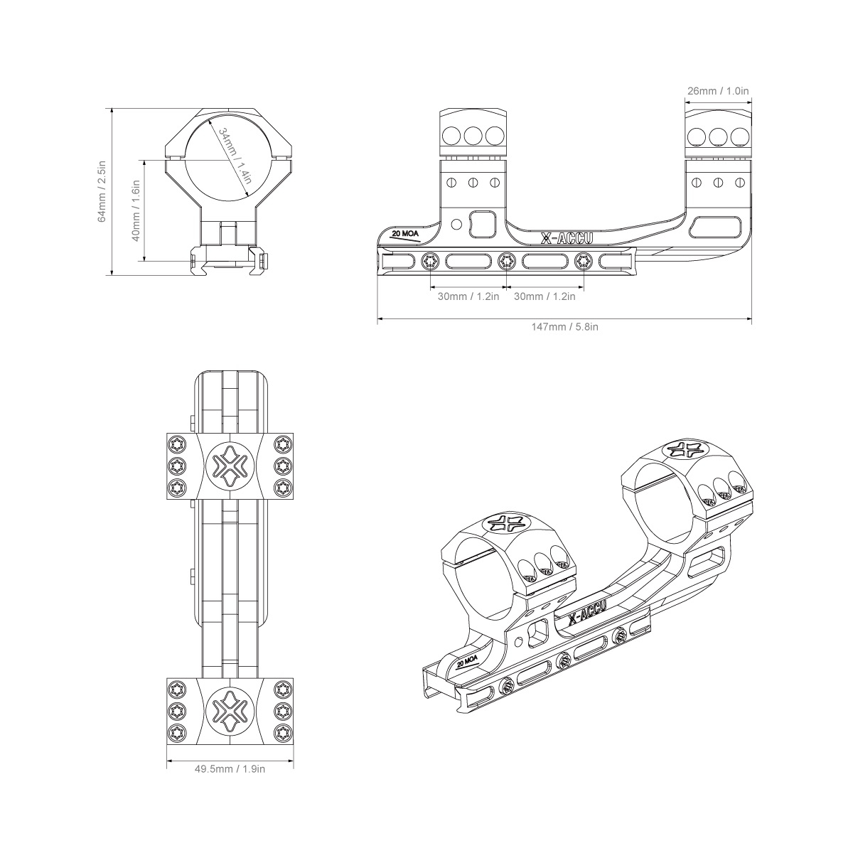 One-piece mount for CANT 34mm scope, 20MOA tilt to the barrel - Black OD-A-XASR-3015 asgbox.pl One-piece mount for CANT 34mm scope, 20MOA tilt to the barrel - Black - obrazek 9