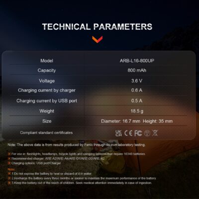FENIX Rechargeable USB-C Battery RCR123A 3.6V - 800 mAh OD-A-FERCR123A800UP asgbox.pl