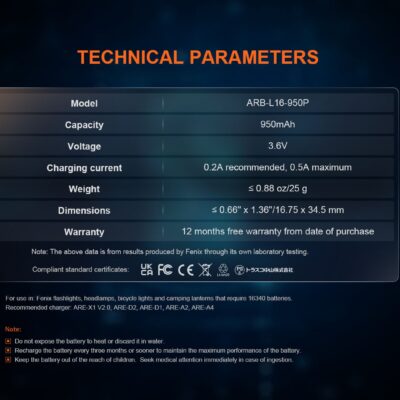 FENIX Rechargeable USB-C Battery RCR123A 3.6V - 800 mAh OD-A-FERCR123A800UP asgbox.pl