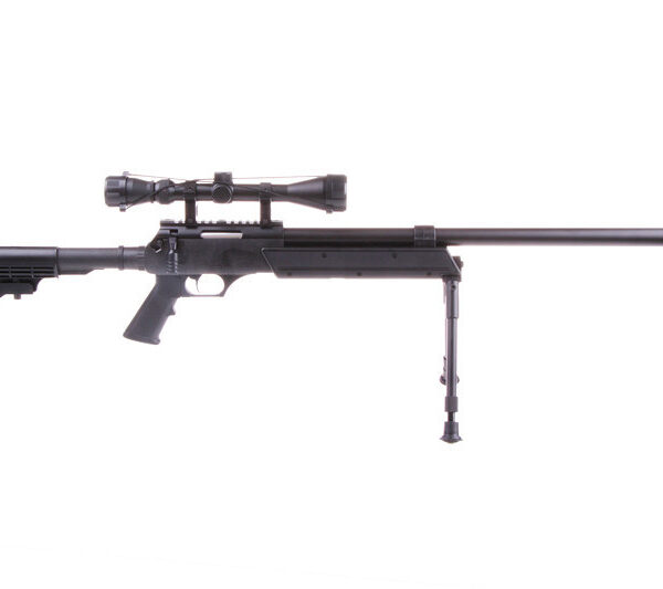 Black spring-powered WELL MB06 SR-2 airsoft sniper rifle replica with scope and bipod -