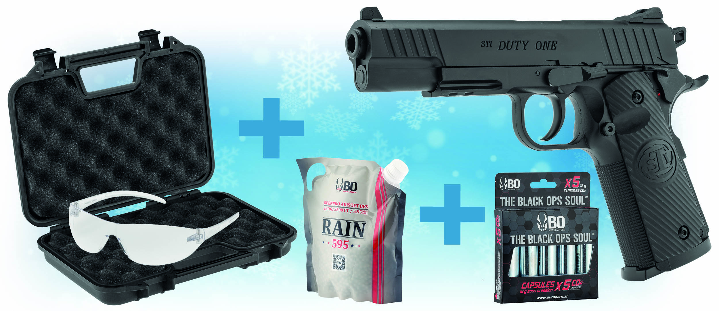 PCKNOEL15 STI DUTY ONE Christmas Pack + BBs + CO2 refills + carrying case + goggles - Raven Hi-capa hex-comb Christmas pack + pellets + target + gas + case - obrazek 1